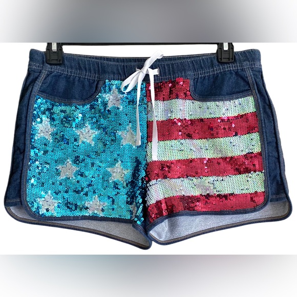 Juicy Couture Pants - JUICY COUTURE American Flag Sequins Patriotic July 4th Bling Denim Shorts Size L